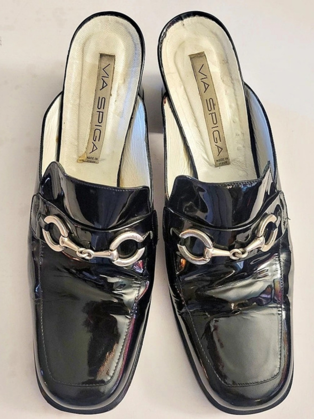 Vintage Via Spiga Black Patent Leather Horsebit Loafer Mules W11